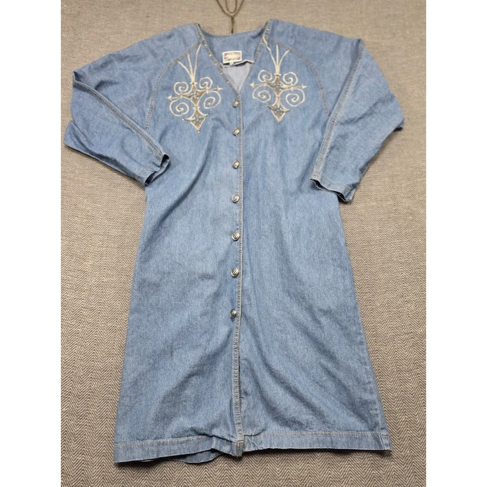 Monique Fashions Vintage Denim Duster Dress Studded Embroidered Light Wash Sz 14